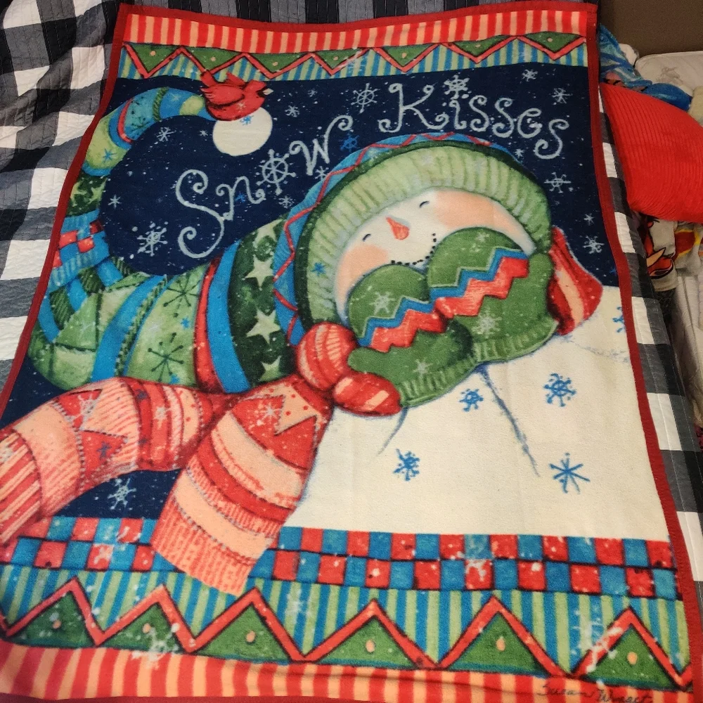 2007 Susan Winget SNOW KISSES Snowman Fleece Blanket Throw 63 X 47 Christmas